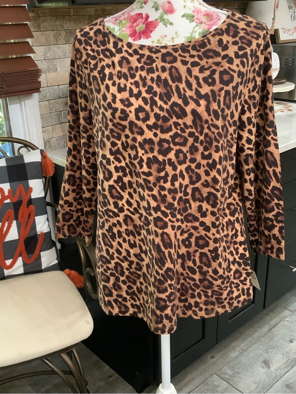 Talbots Petites Tee Size XLP Cheetah Print 3/4 Sleeve Brown Top Stretch Fall New